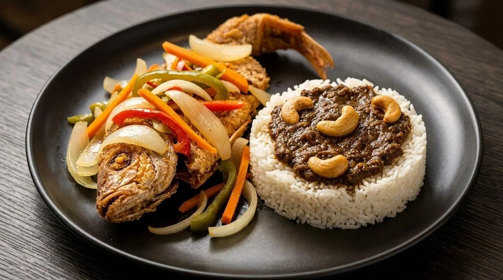 Crispy snapper topped with pickled peppers, onions and carrots